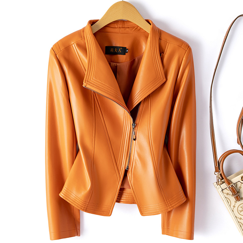 Caramel Orange Elegant Leather Jacket for Mature Women