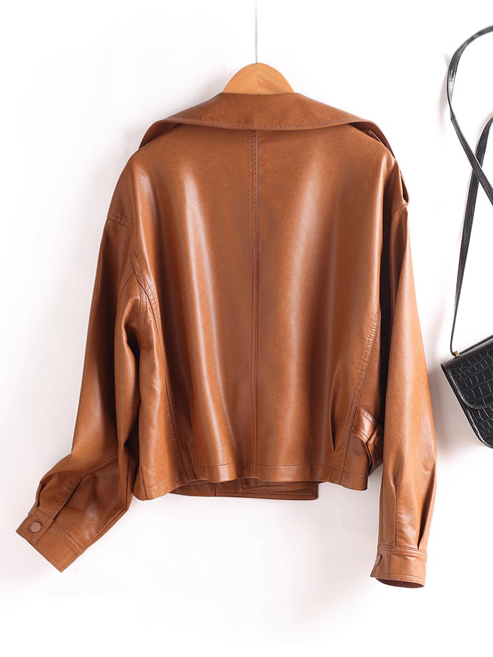 Caramel Brown Elegant Leather Jacket for Mature Women