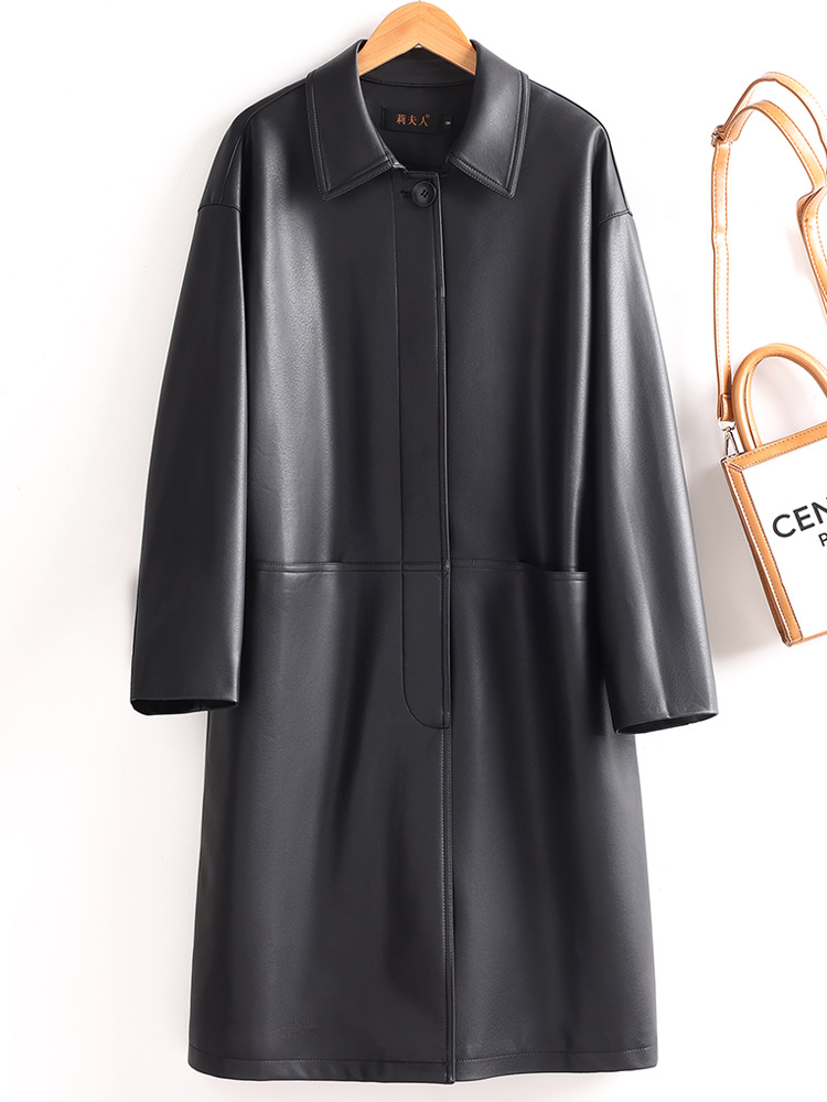 Elegant Black Mid-Length Leather Coat for Mature Women