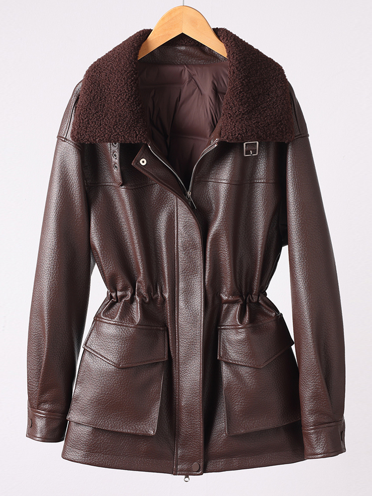 Elegant Shearling Collar Leather Coat for Mature Women