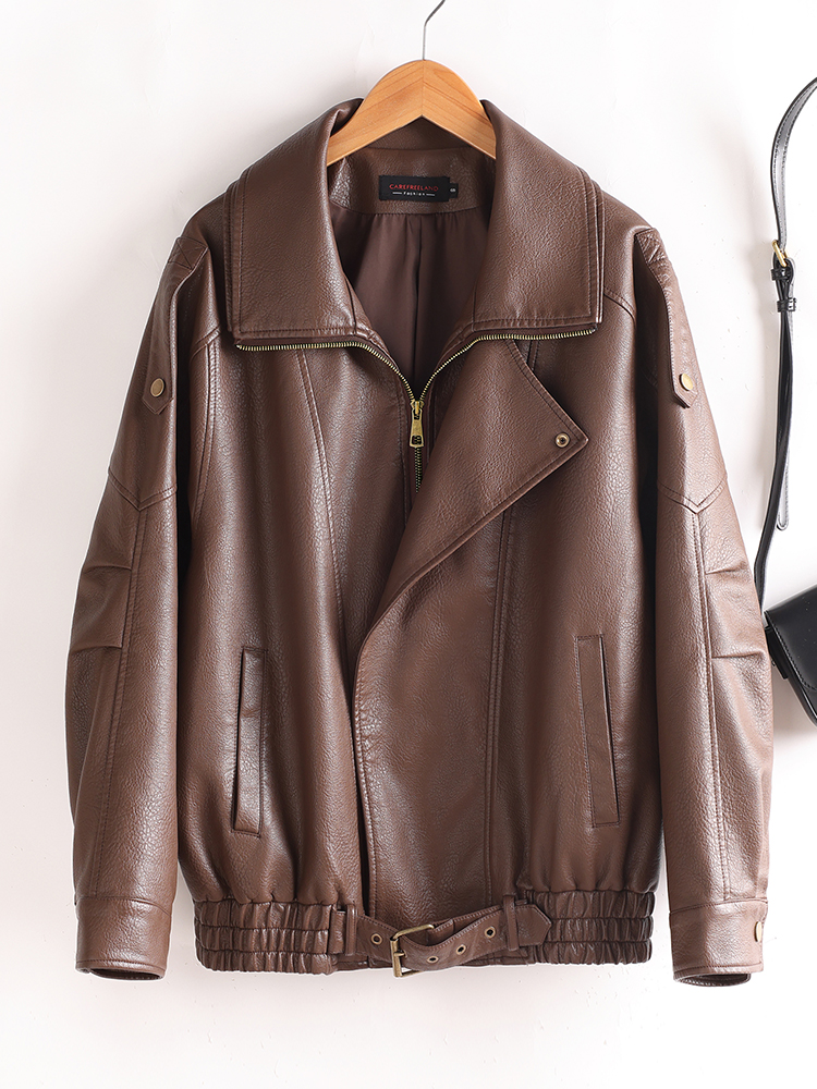 Classic Brown Leather Jacket for Elegant Women