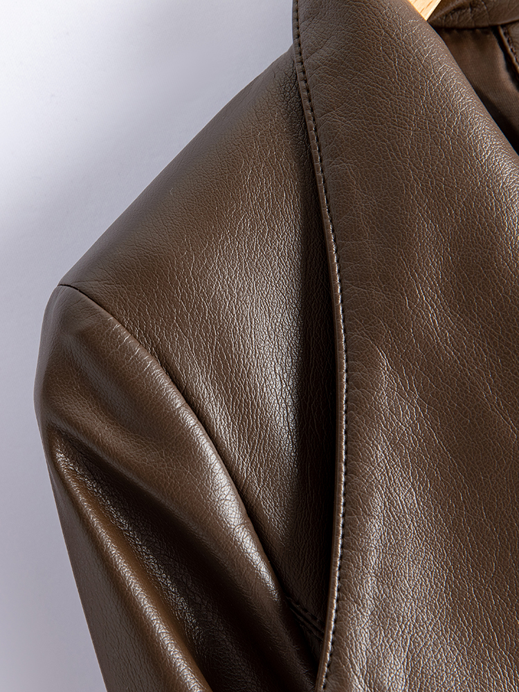 Elegant Burgundy Long Leather Coat for Mature Women