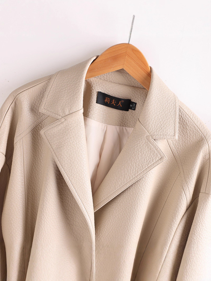 Elegant Beige Belted Leather Jacket for Mature Women