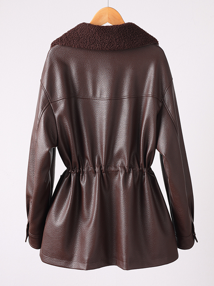 Elegant Shearling Collar Leather Coat for Mature Women