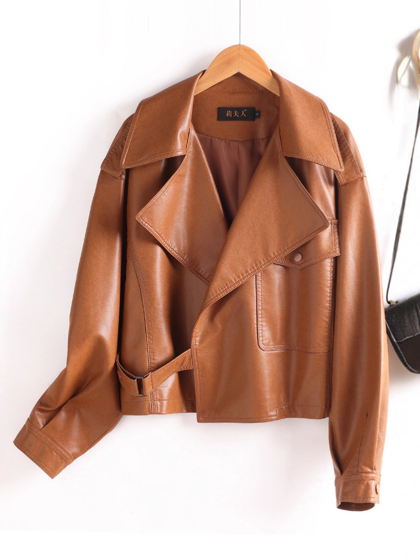 Caramel Brown Elegant Leather Jacket for Mature Women