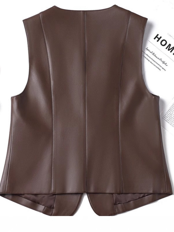 Elegant V-Neck Leather Vest for Mature Women
