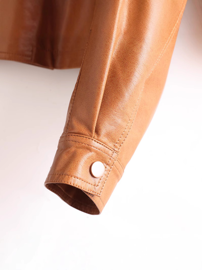 Caramel Brown Elegant Leather Jacket for Mature Women