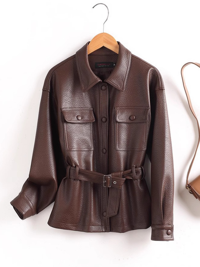 Elegant Belted Faux Leather Jacket for Modern Women