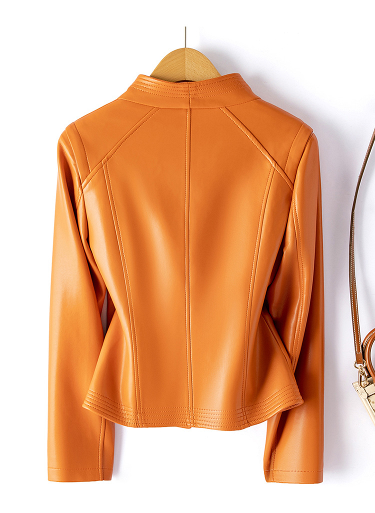 Caramel Orange Elegant Leather Jacket for Mature Women