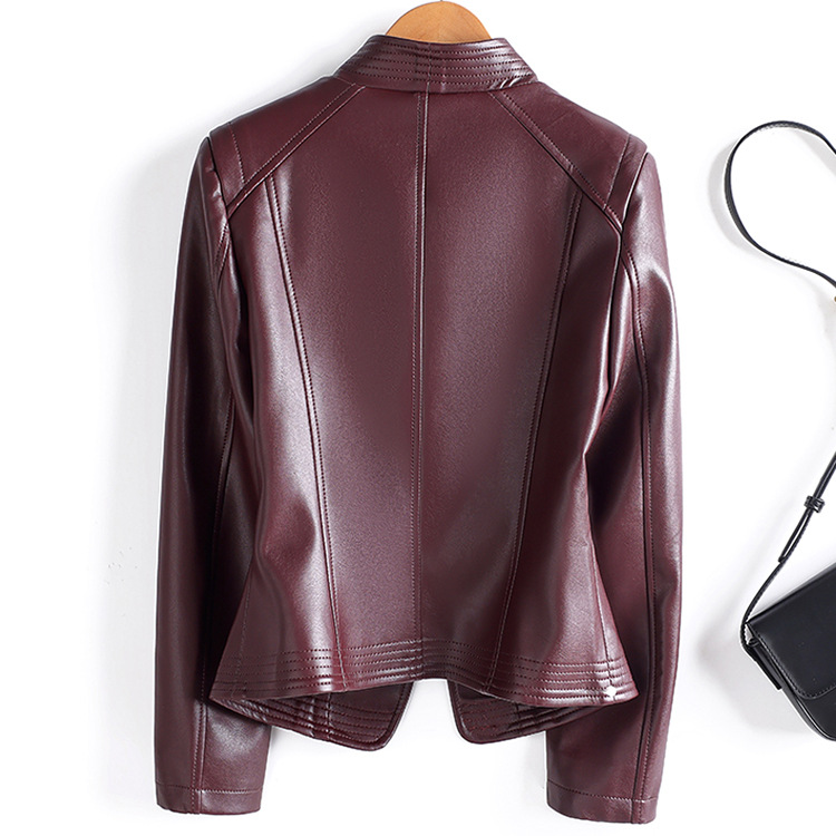 Burgundy Elegant Leather Jacket for Mature Women
