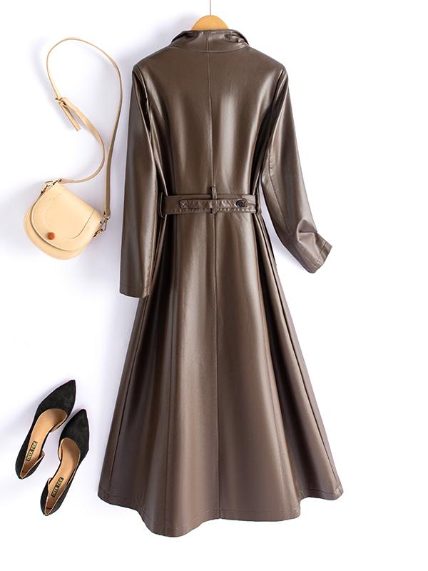 Elegant Burgundy Long Leather Coat for Mature Women