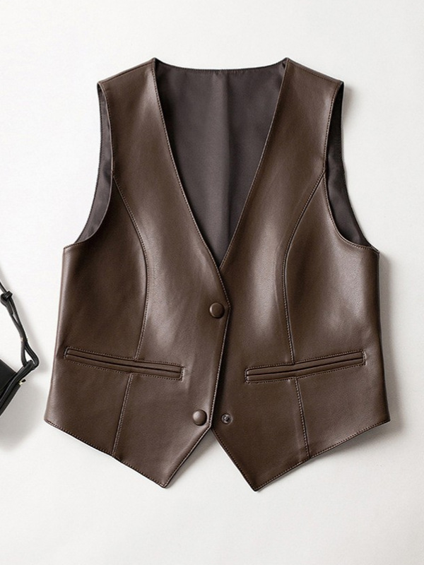Timeless V-Neck Leather Vest in Rich Brown