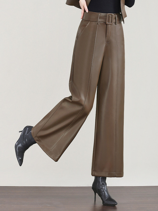 High-Waisted Wide-Leg Leather Trousers in Elegant Brown