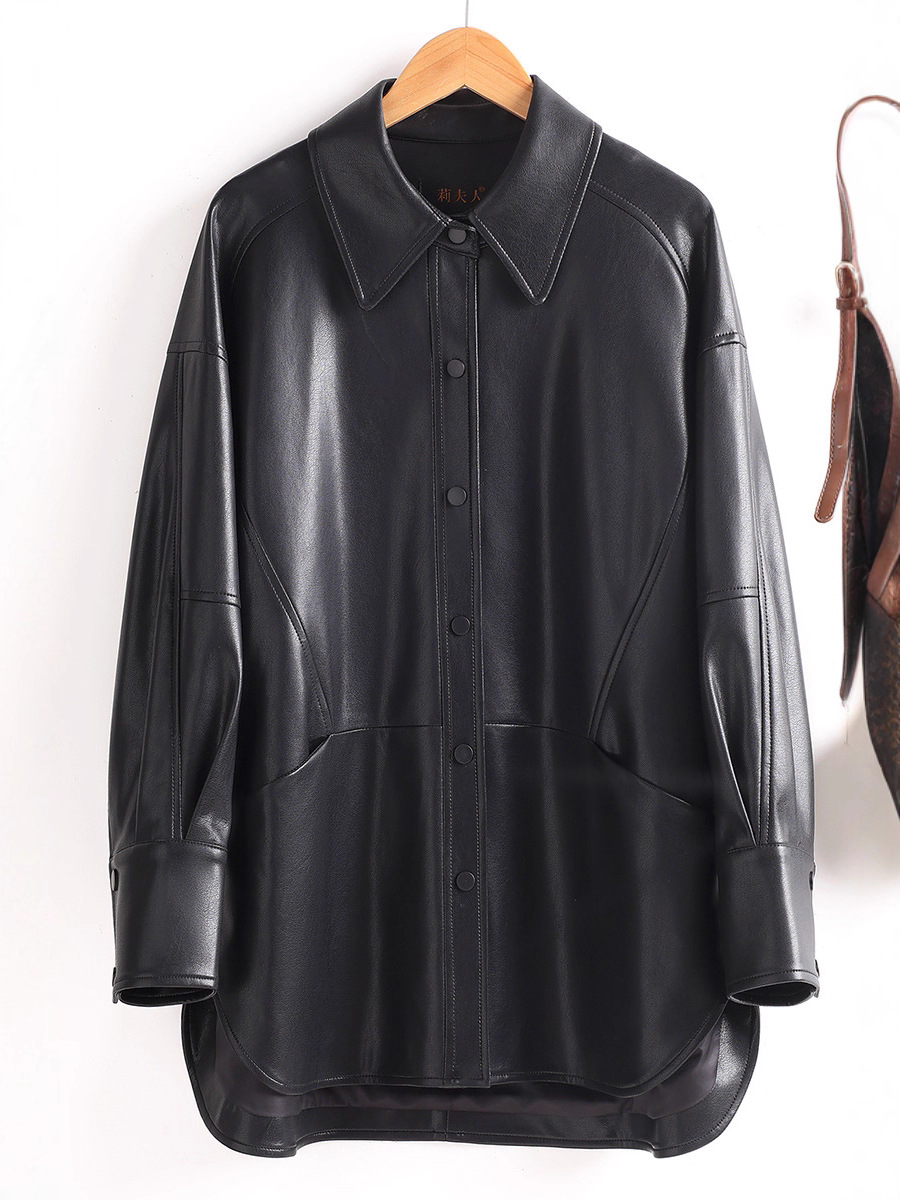 Burgundy Elegant Leather Shirt Jacket for Mature Women