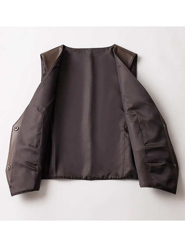 Elegant V-Neck Leather Vest for Mature Women