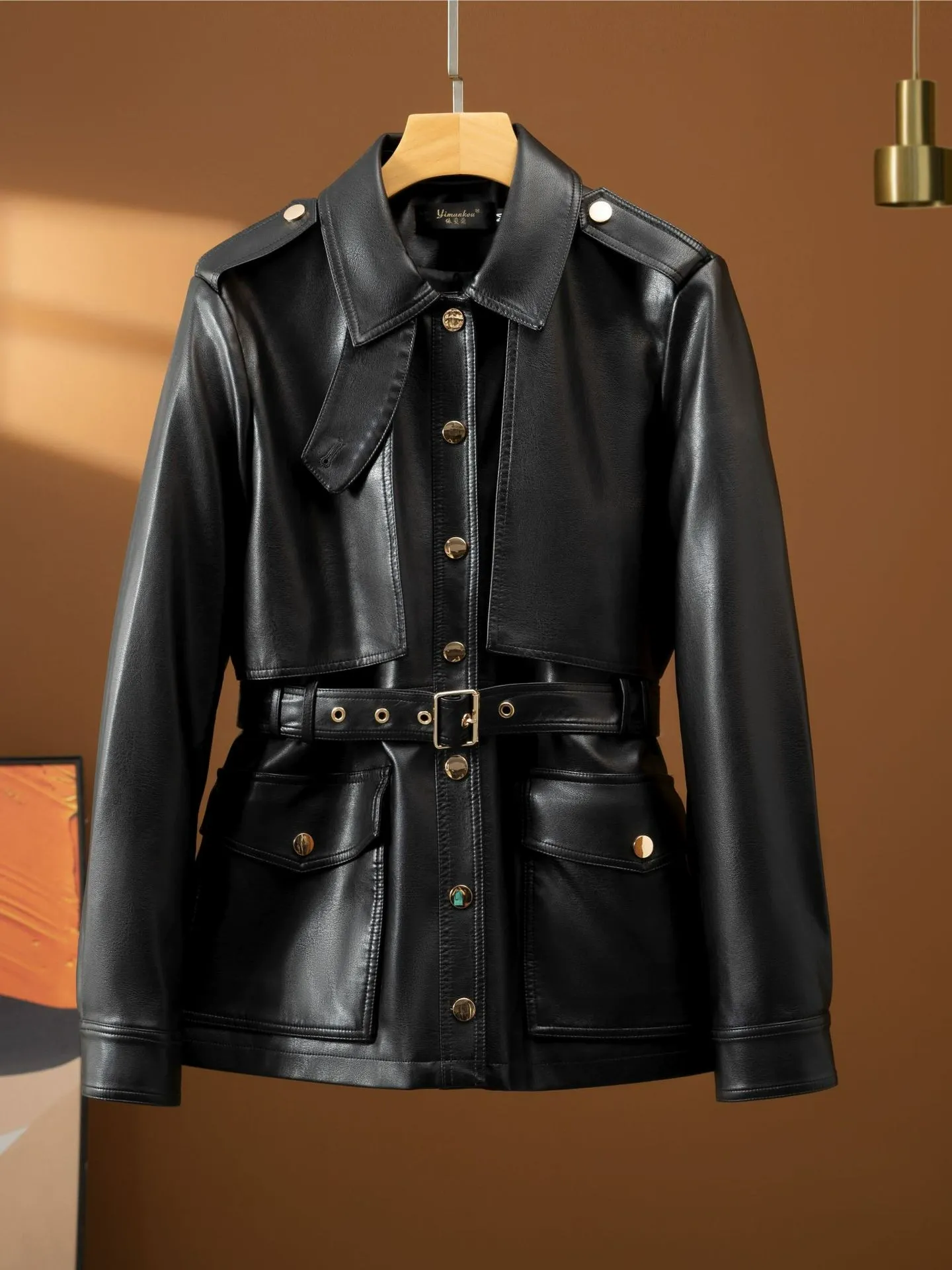 Classic Black Belted Leather Jacket for Elegant Women