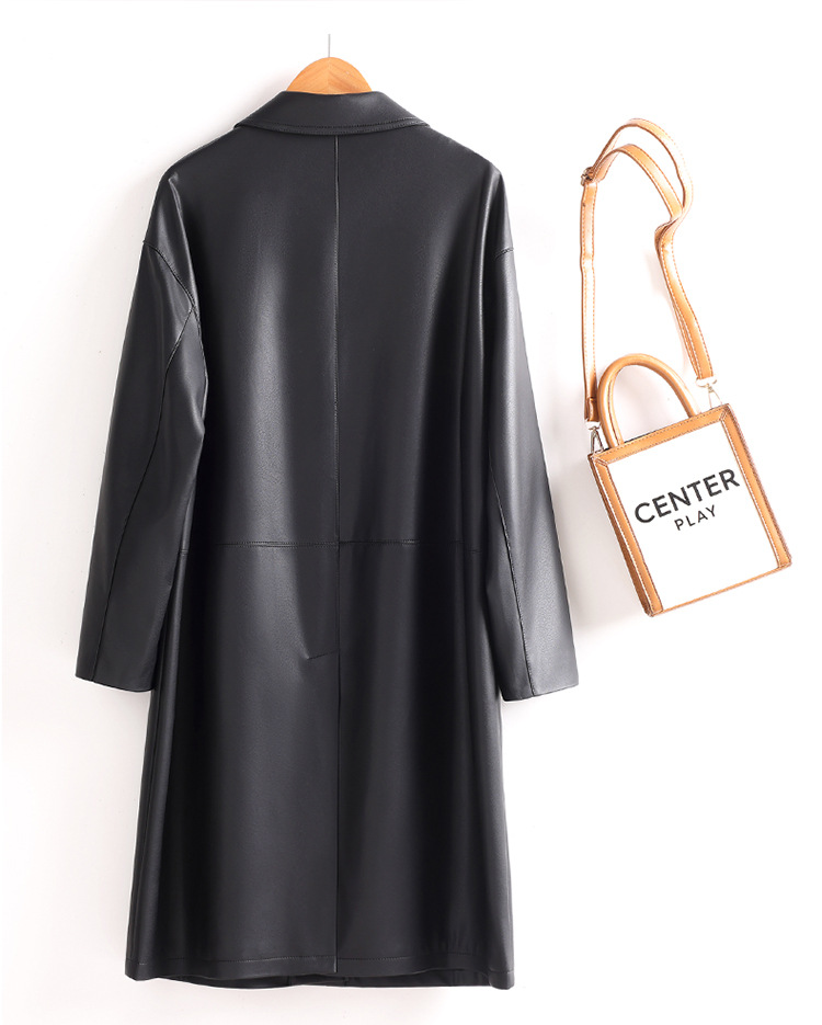 Elegant Black Mid-Length Leather Coat for Mature Women