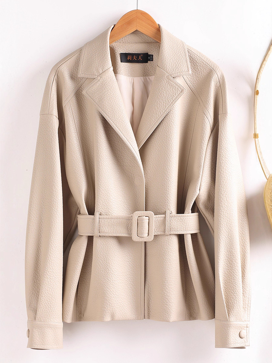 Elegant Beige Belted Leather Jacket for Mature Women