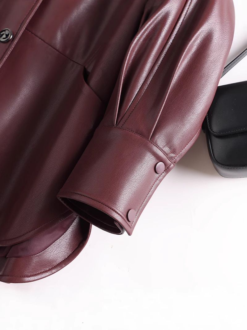 Burgundy Elegant Leather Shirt Jacket for Mature Women