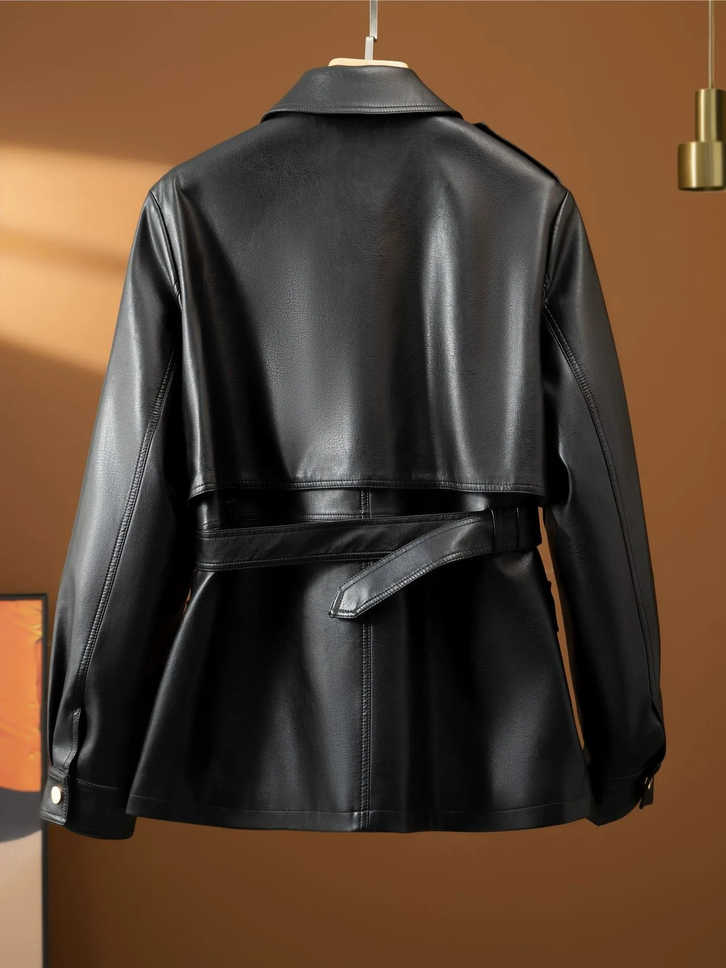 Classic Black Belted Leather Jacket for Elegant Women