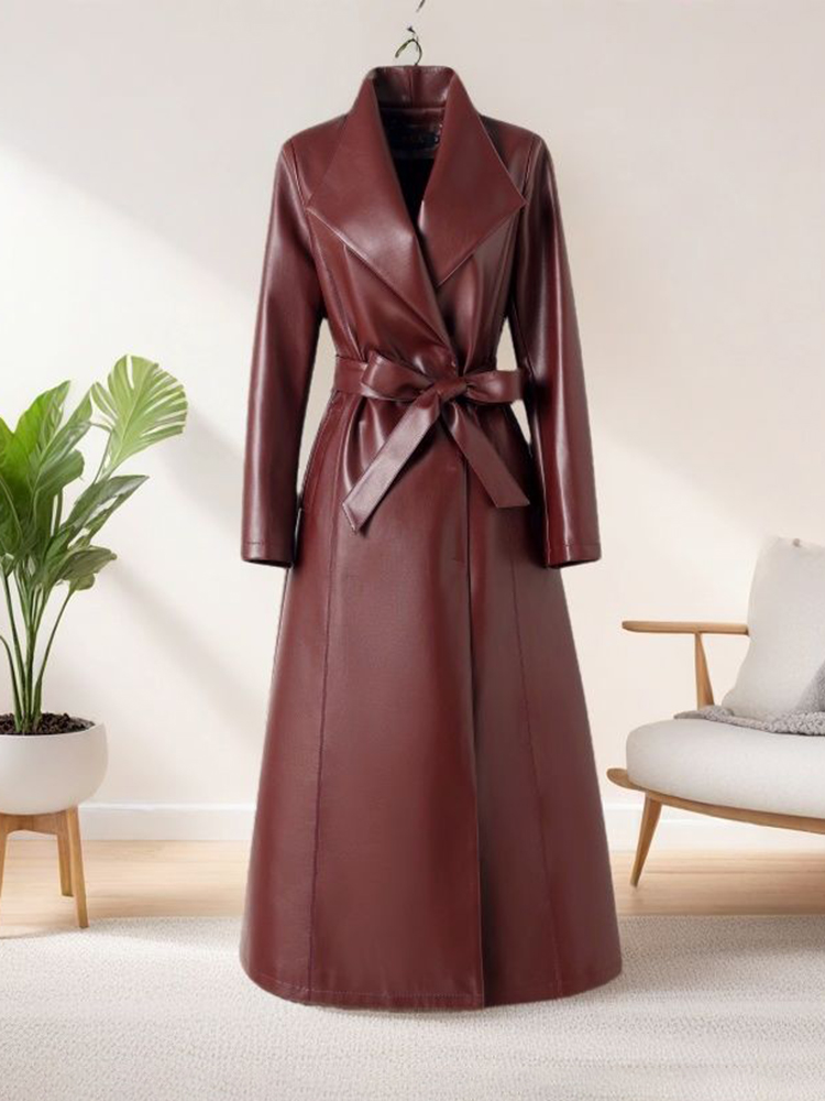 Elegant Burgundy Long Leather Coat for Mature Women