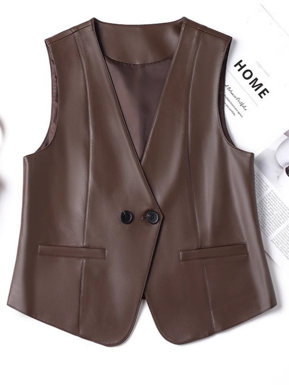 Elegant V-Neck Leather Vest for Mature Women