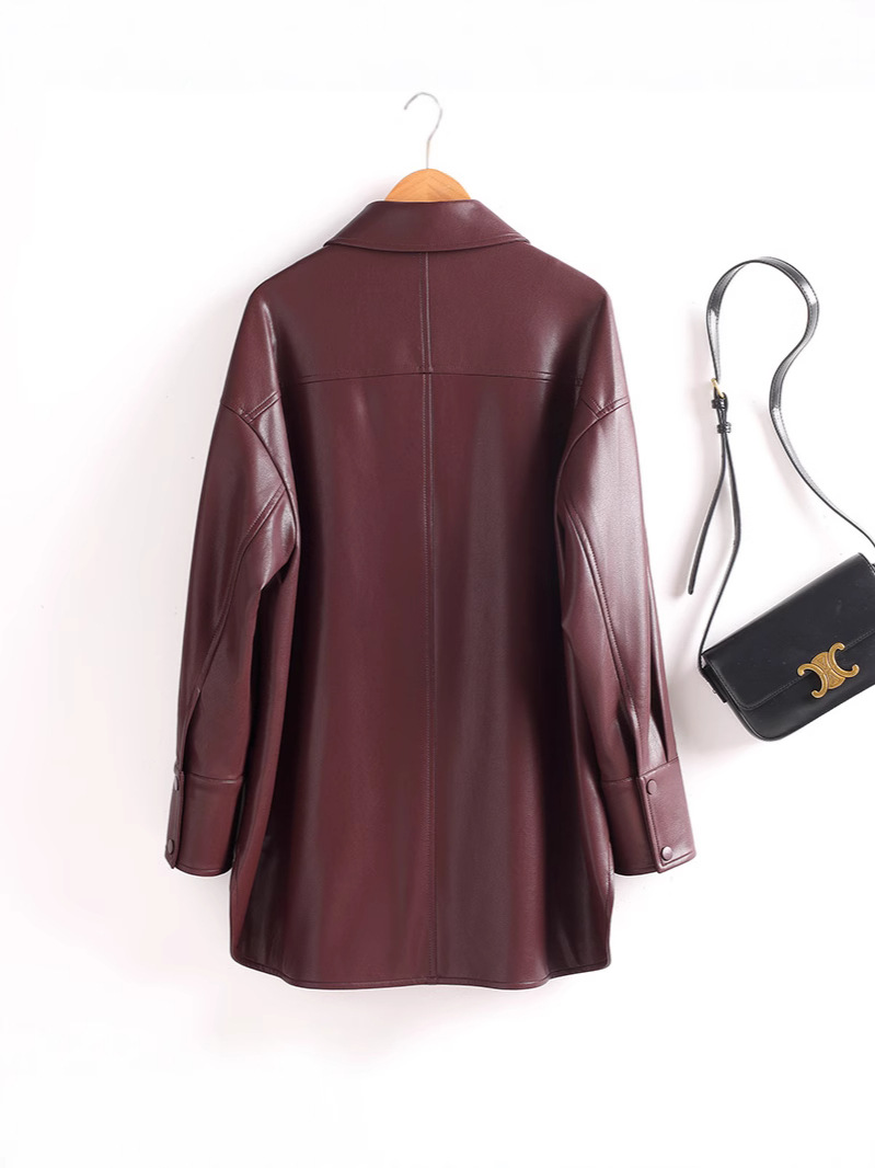 Burgundy Elegant Leather Shirt Jacket for Mature Women
