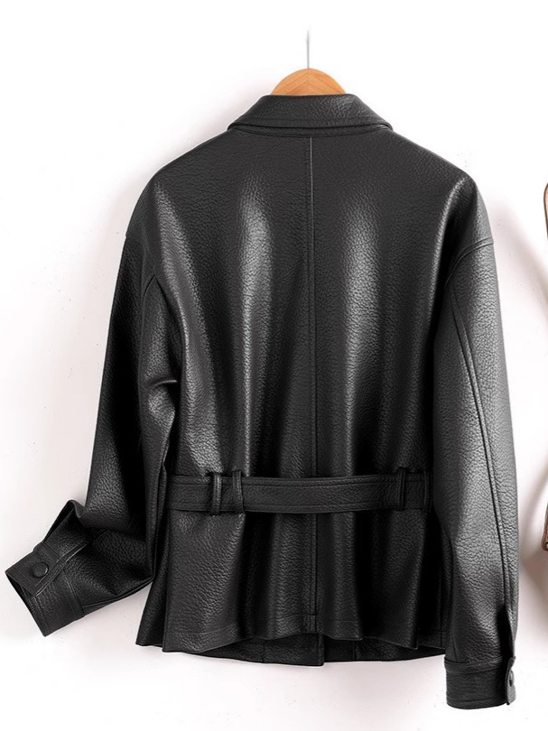 Elegant Belted Faux Leather Jacket for Modern Women