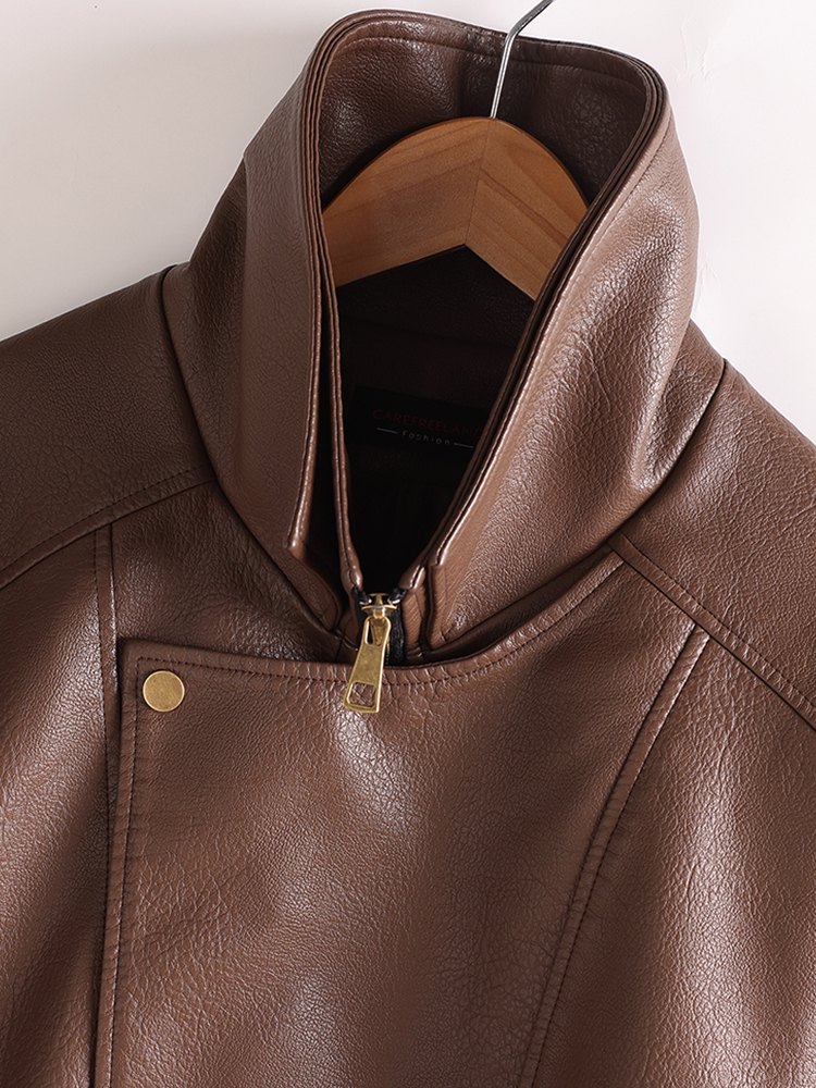 Classic Brown Leather Jacket for Elegant Women