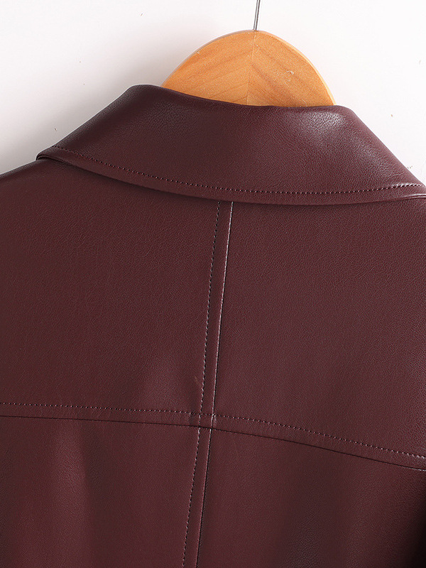Burgundy Elegant Leather Shirt Jacket for Mature Women