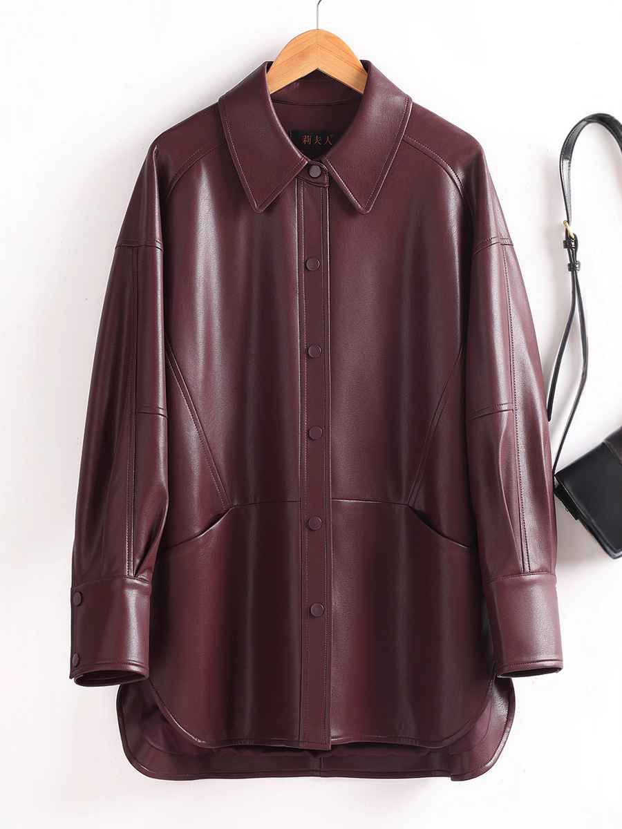 Burgundy Elegant Leather Shirt Jacket for Mature Women
