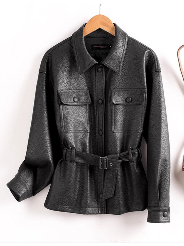 Elegant Belted Faux Leather Jacket for Modern Women
