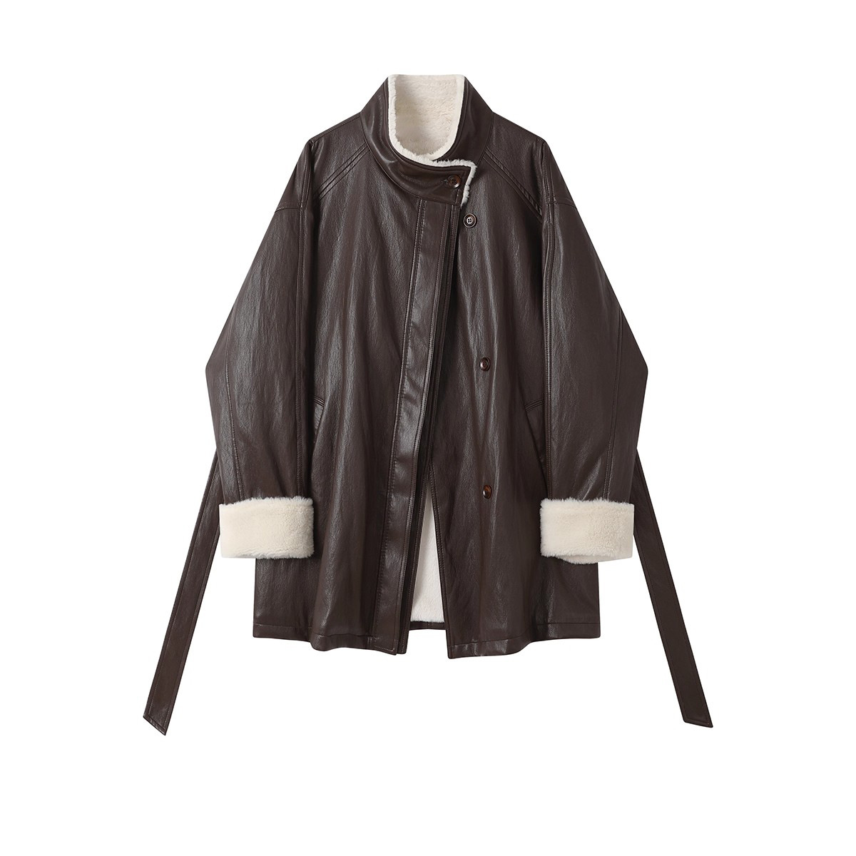 Vintage Faux Leather Shearling Tie Detail Jacket