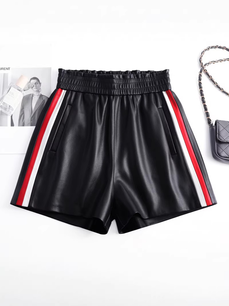 Elastic Waist Faux Leather Shorts with Side Stripes
