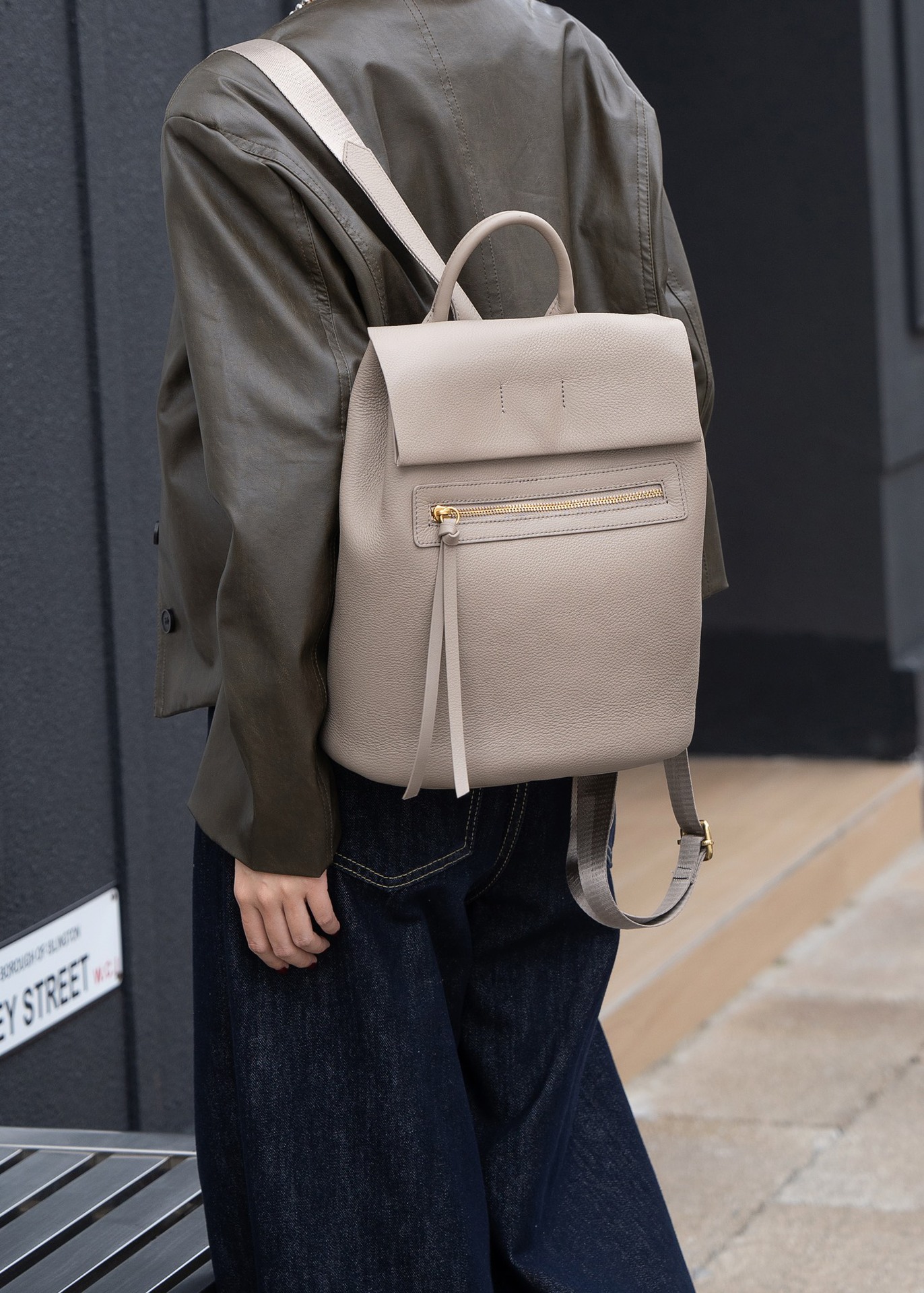 Women's Light Taupe Leather Backpack with Front Zip Pocket