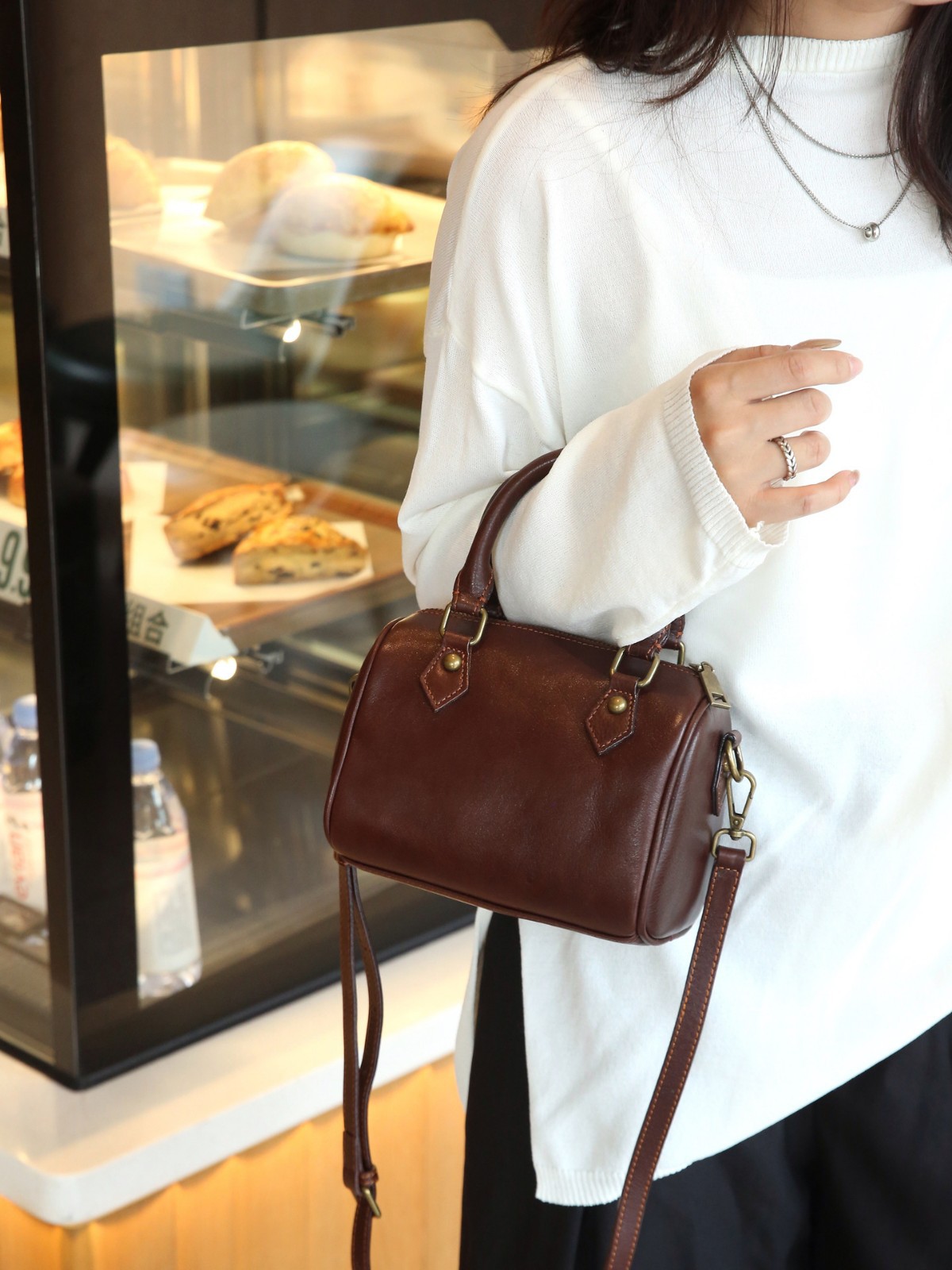 Women's Mini Brown Leather Boston Bag