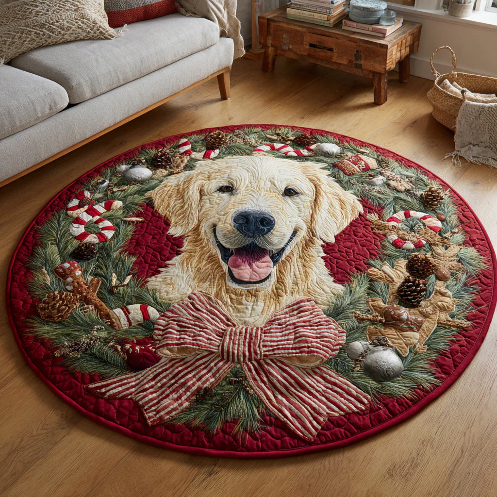 Christmas Dog Wreath Quilted Round Mat NCU0VT276