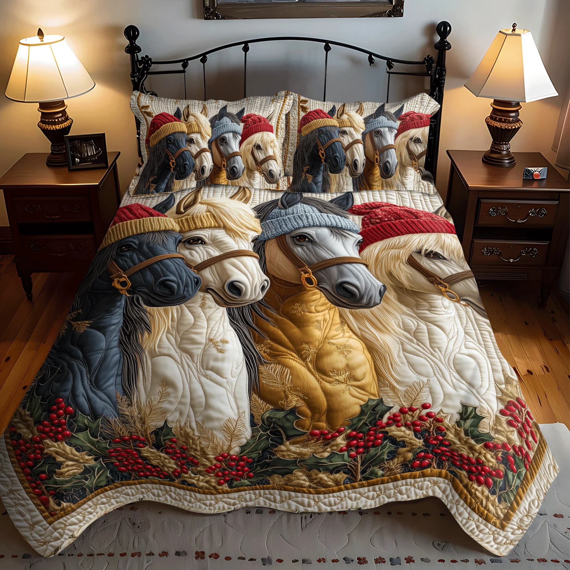 Christmas Horse Friends 3-Piece Quilted Bedding Set NCU0DV1137